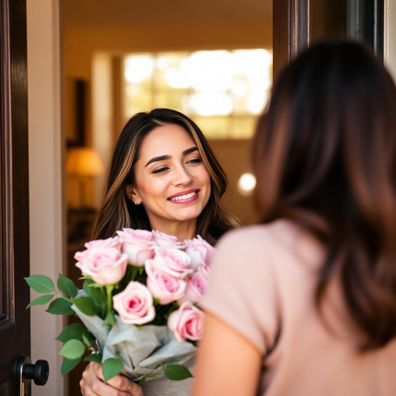Mulher recebendo flores na porta de casa